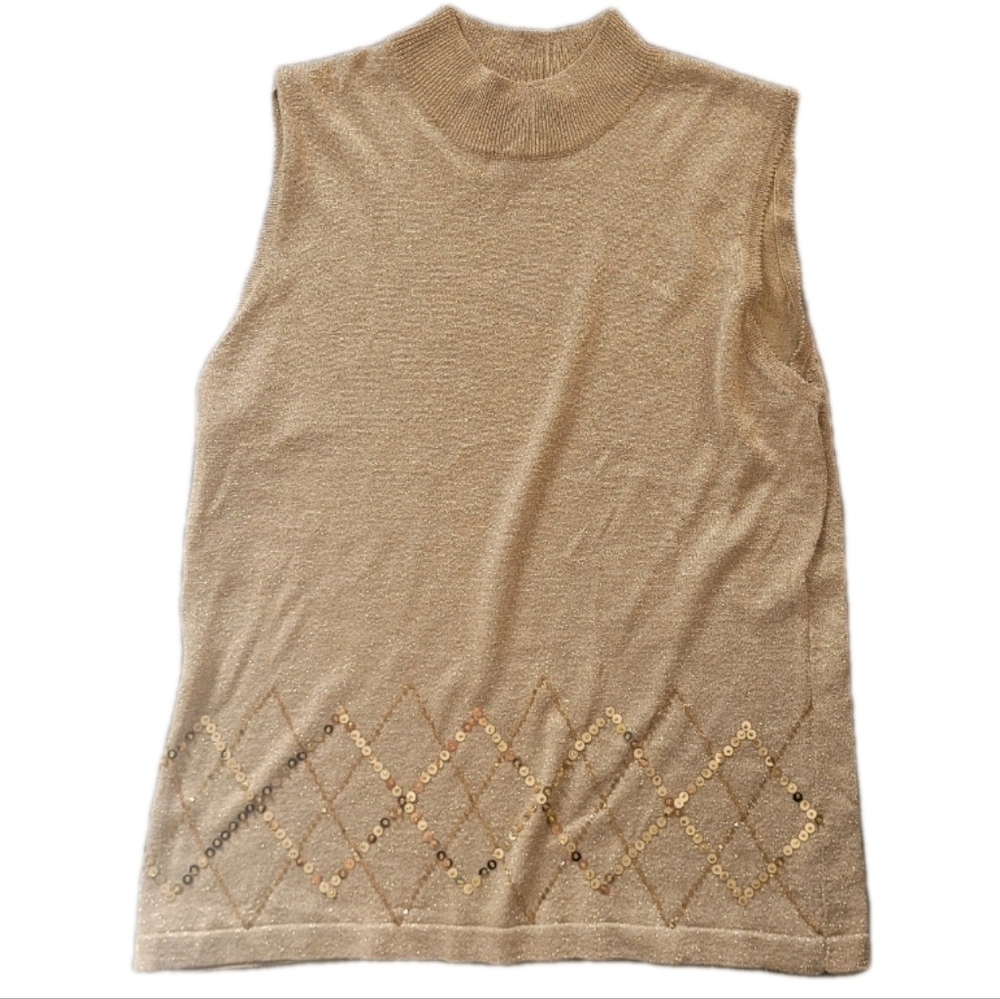 90s Y2K Gold Sequin Silk Blend Top Shell Size L Sleeveless Vintage Party Shimmer